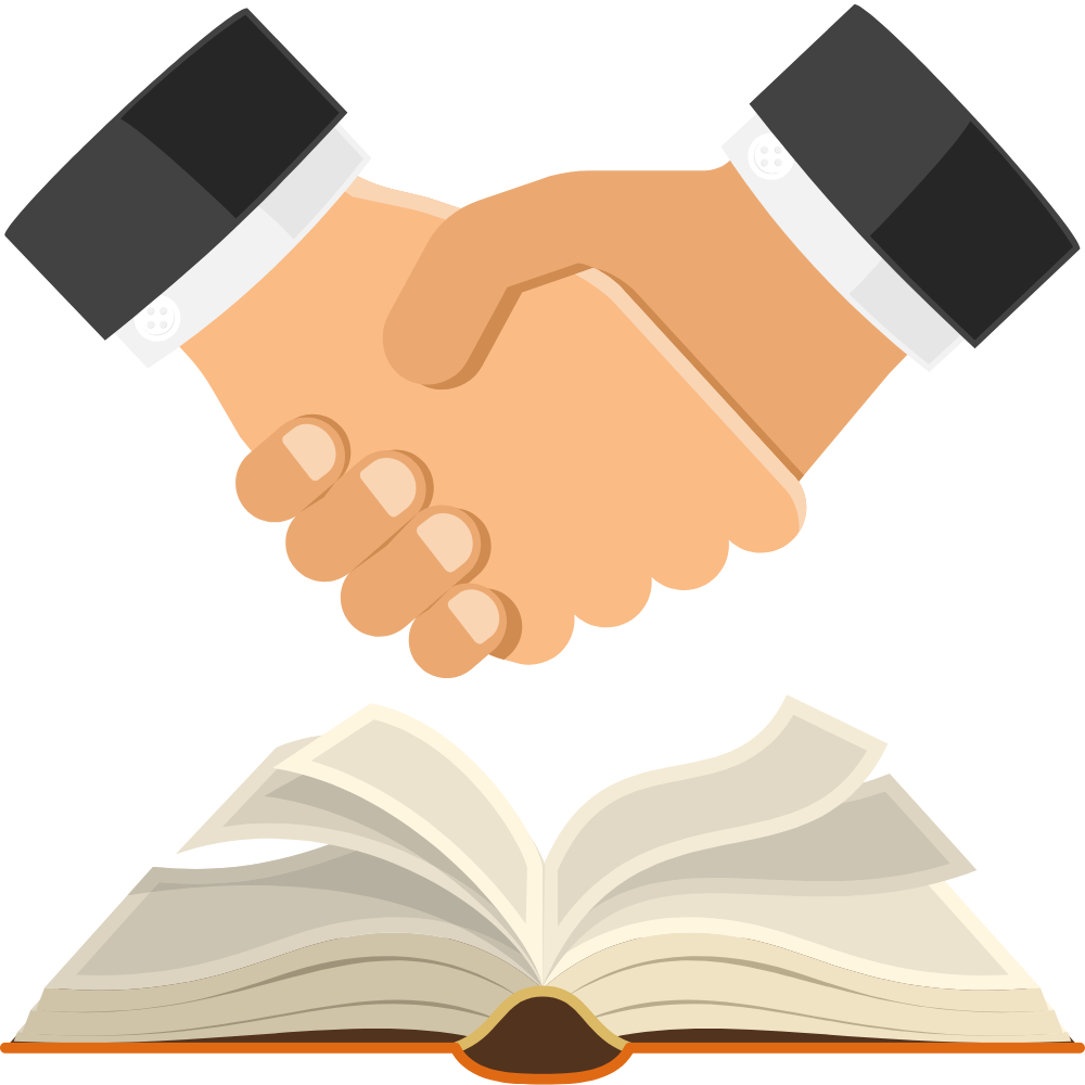 A man is shaking hands over an open book.