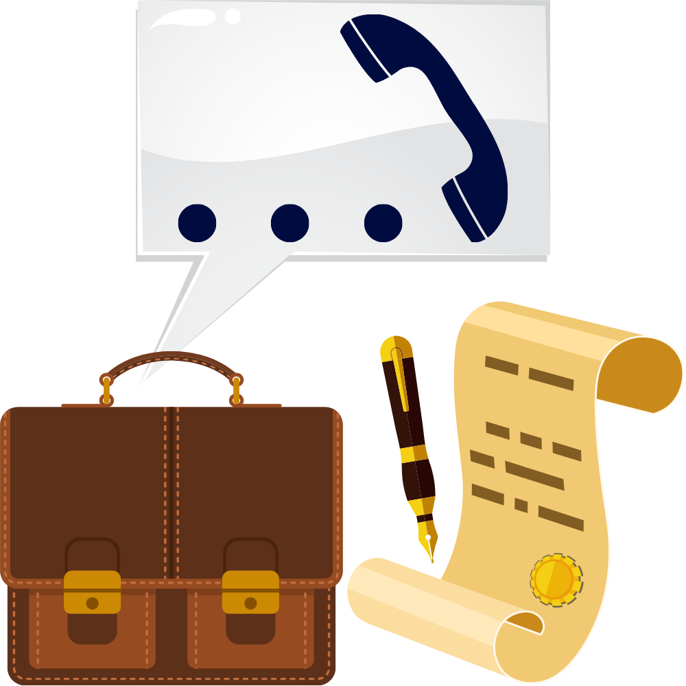 An illustration of a briefcase a pen and a scroll