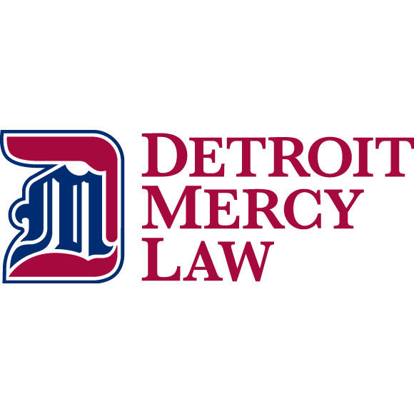 the logo for detroit mercy law is red and blue