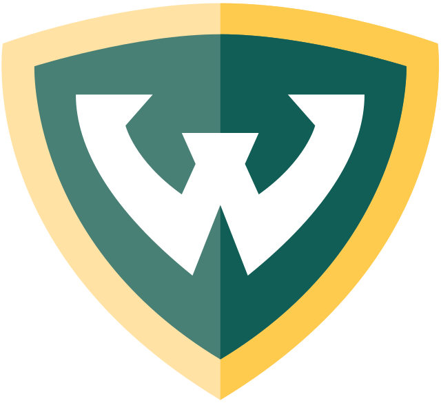 a green and yellow shield with a white letter w on it