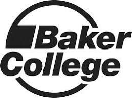 the logo for baker college is black and white .
