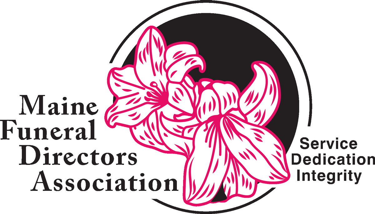 Logo of the Maine Funeral Directors Association: pink flower illustration over a black circle, text on the left, and a slogan on the right.