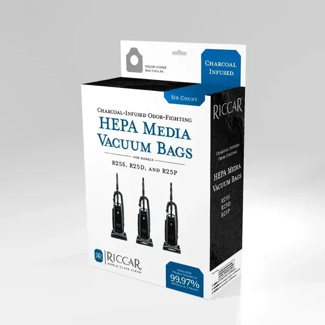 White Riccar HEPA media vacuum bags box with teal accents on a gray background