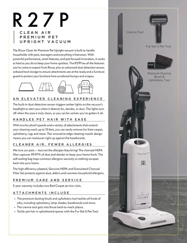 R27P upright vacuum cleaner brochure with product photo and feature callouts
