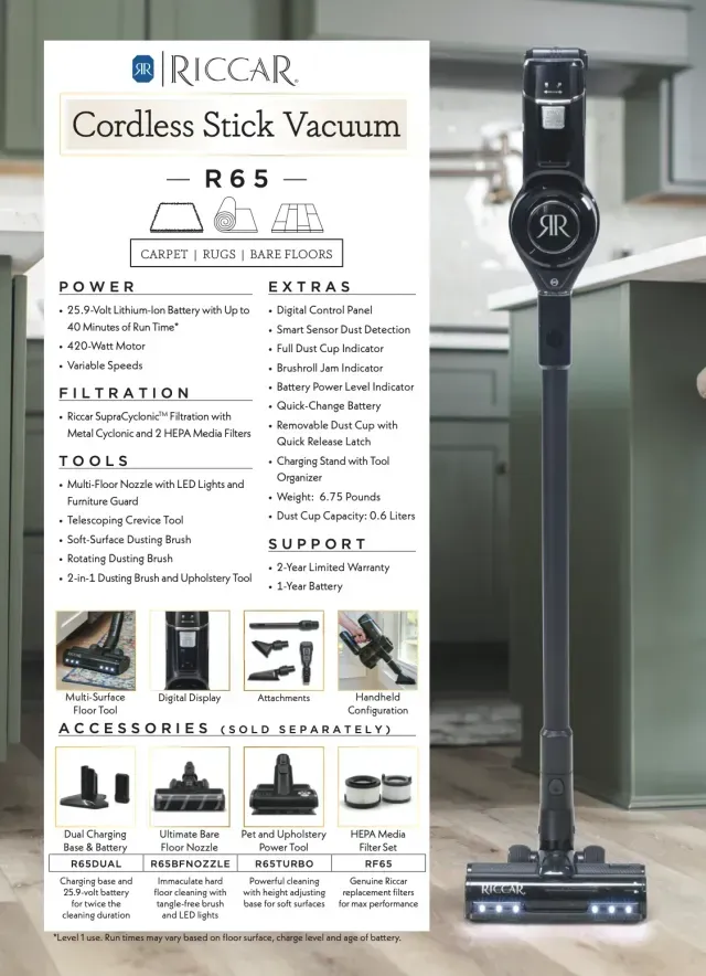 RICCAR cordless stick vacuum product poster with black vacuum shown beside feature list and attachments