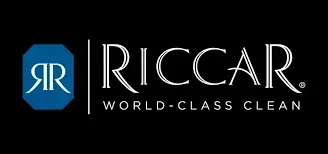 Riccar logo on black background, blue monogram and white “WORLD-CLASS CLEAN” text