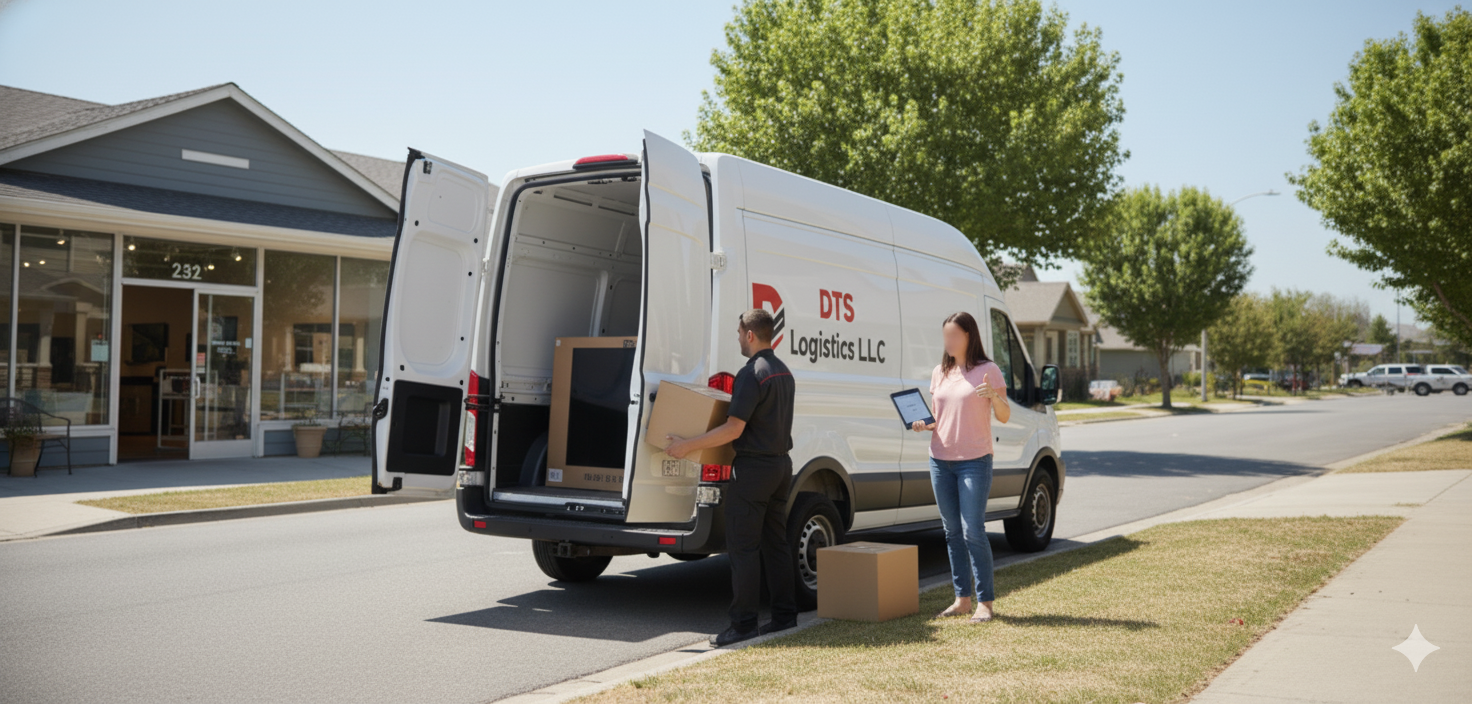 Delivery van unloading boxes in front of a house. A person hands a package to a woman with a tablet.