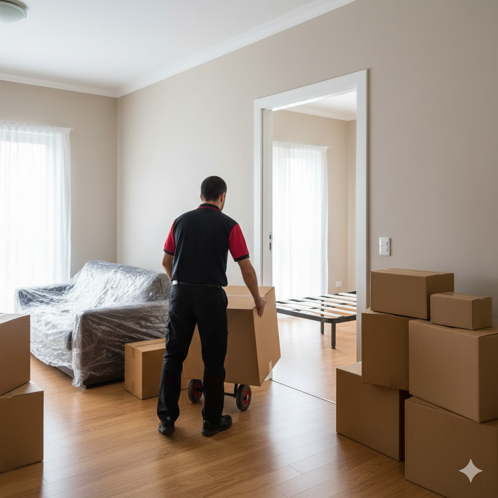 Person moving boxes in a room with packed furniture; doorway to another room.
