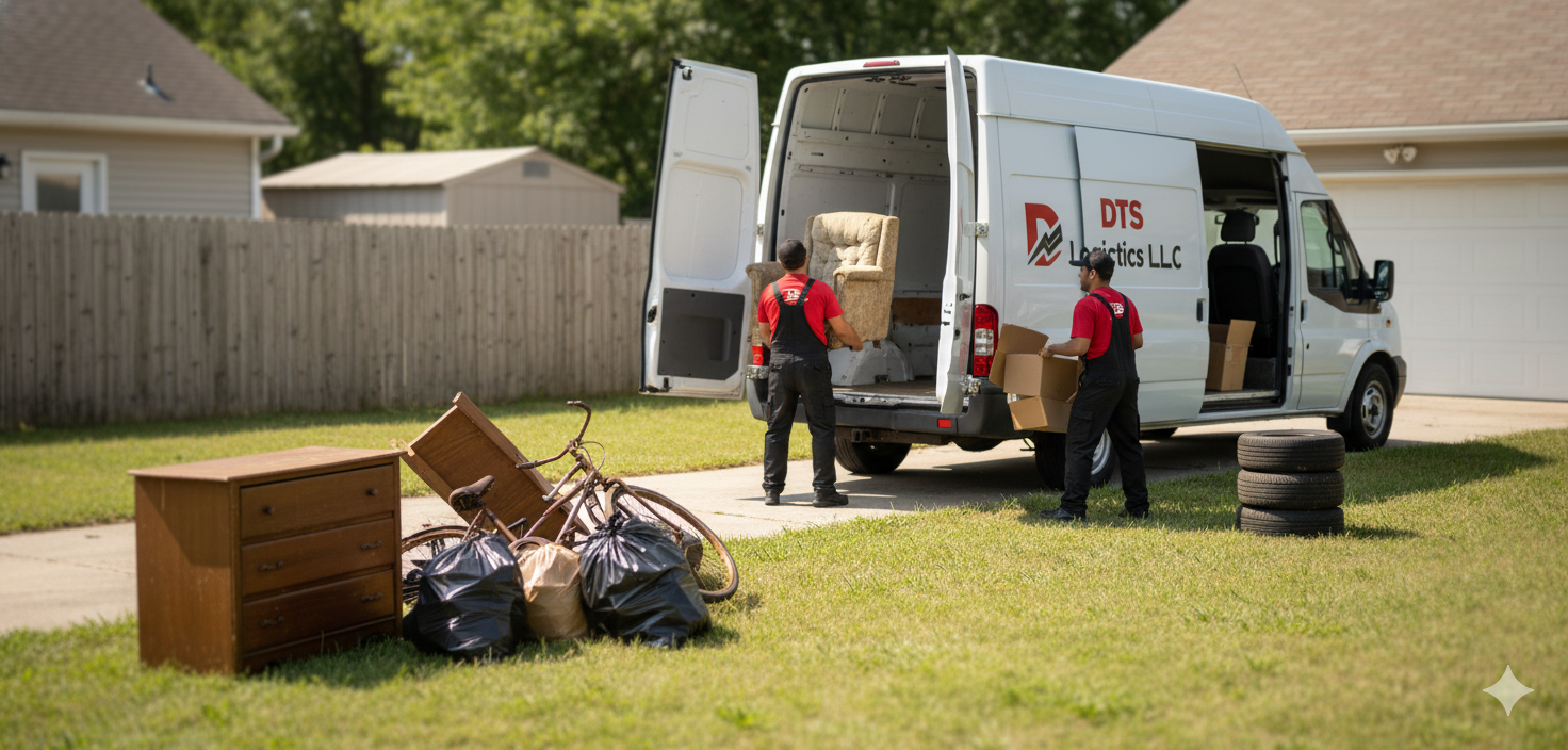 Two movers load a white van with boxes; discarded furniture and trash bags on the lawn.