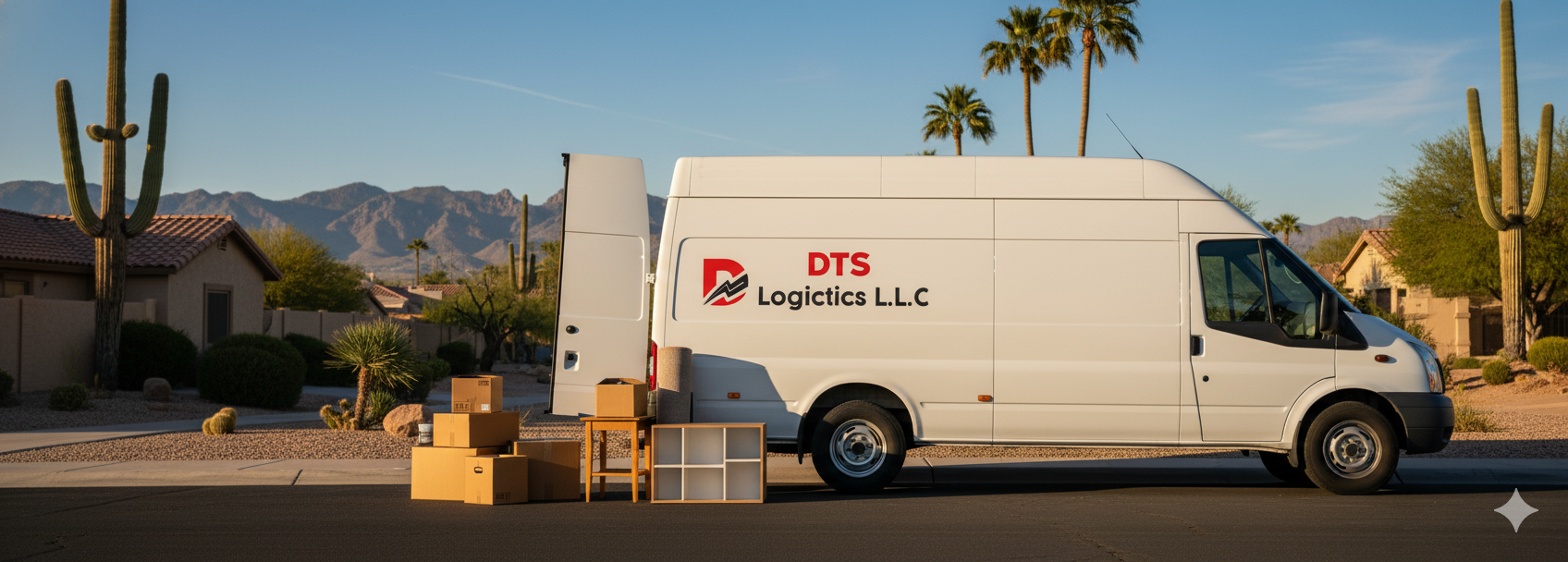White moving van with boxes, parked on street. DTS Logistics LLC logo. Arizona setting with mountains.