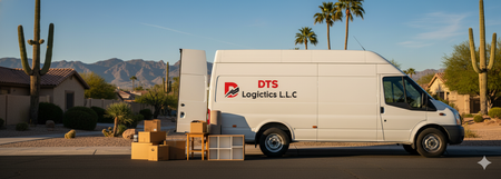 White moving van with boxes, parked on street. DTS Logistics LLC logo. Arizona setting with mountains.