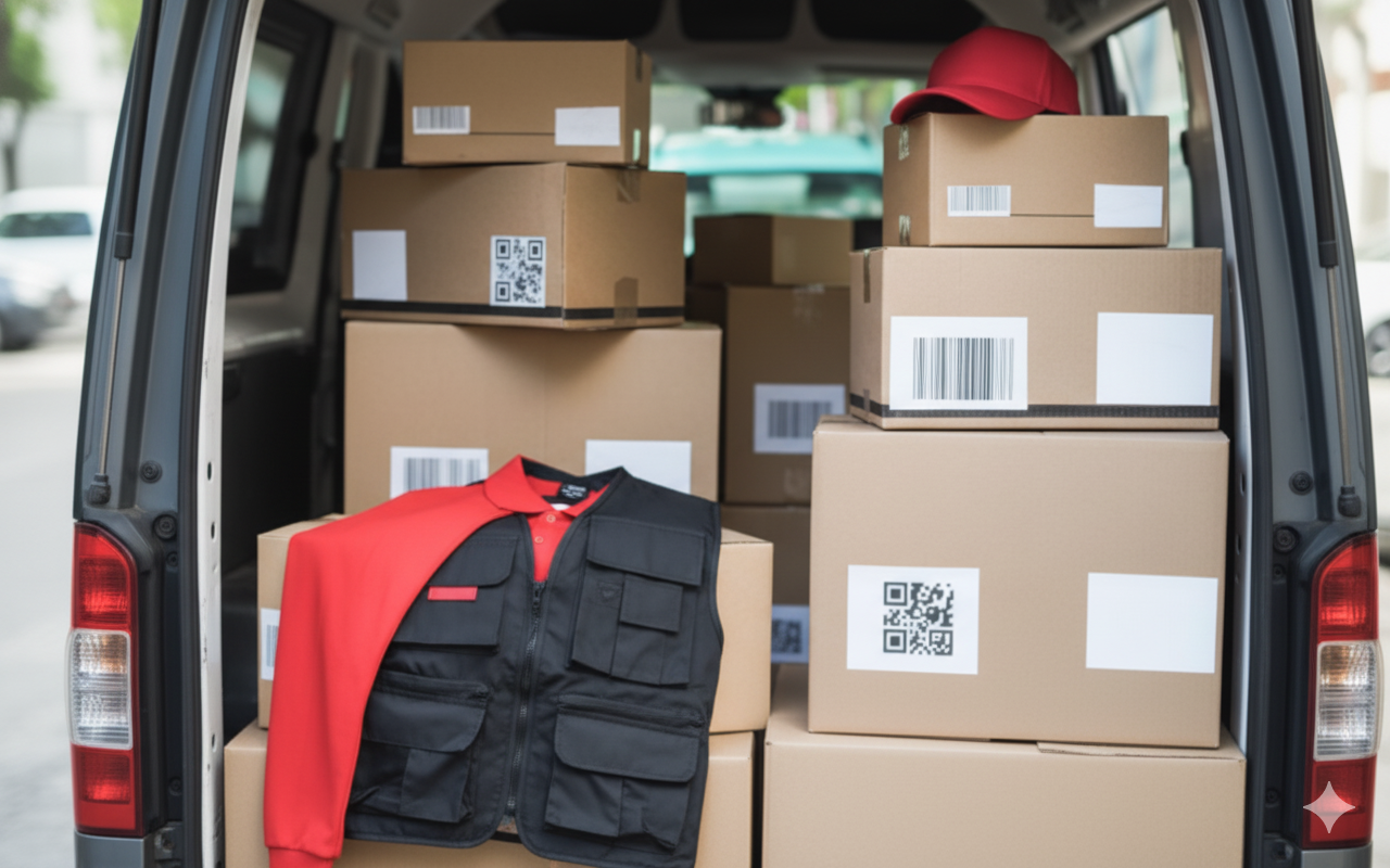 Back of a van loaded with cardboard boxes, a red jacket, and a black vest. A red cap sits on top.
