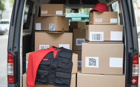 Back of a van loaded with cardboard boxes, a red jacket, and a black vest. A red cap sits on top.