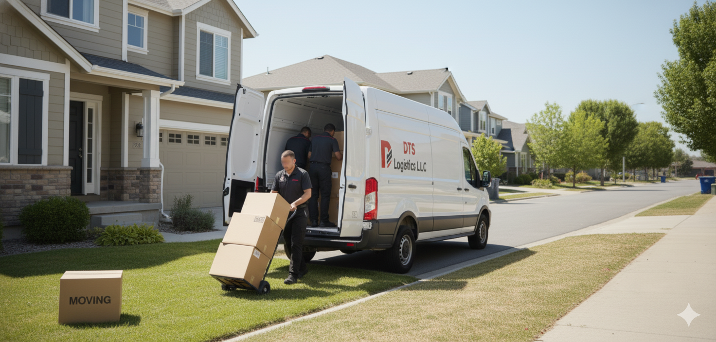 Movers loading boxes from a delivery van in front of a house.