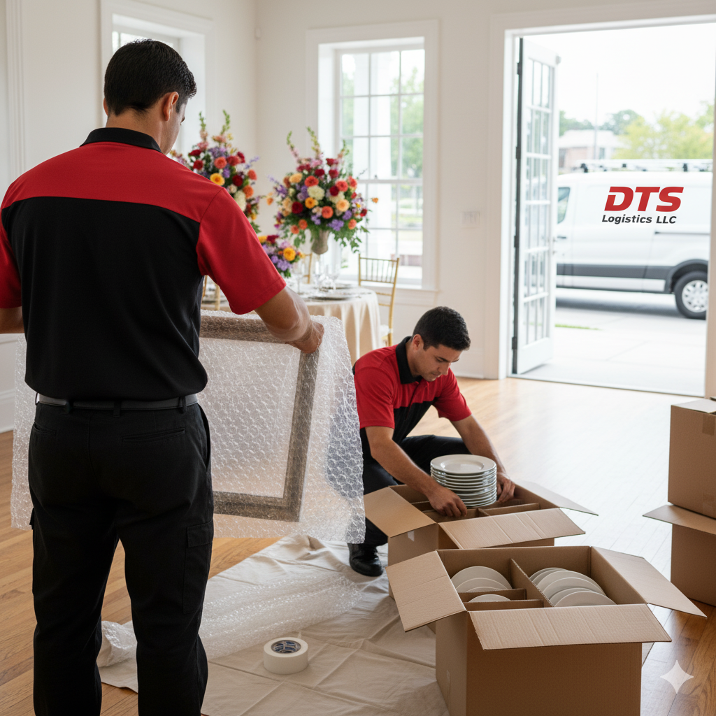 Movers packing items inside a home, with a DTS Moving truck in the background.