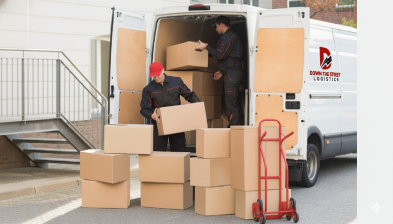 Movers loading cardboard boxes into a white van, near a staircase.