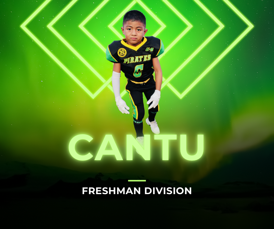 A young boy in a football uniform with the name cantu on the bottom