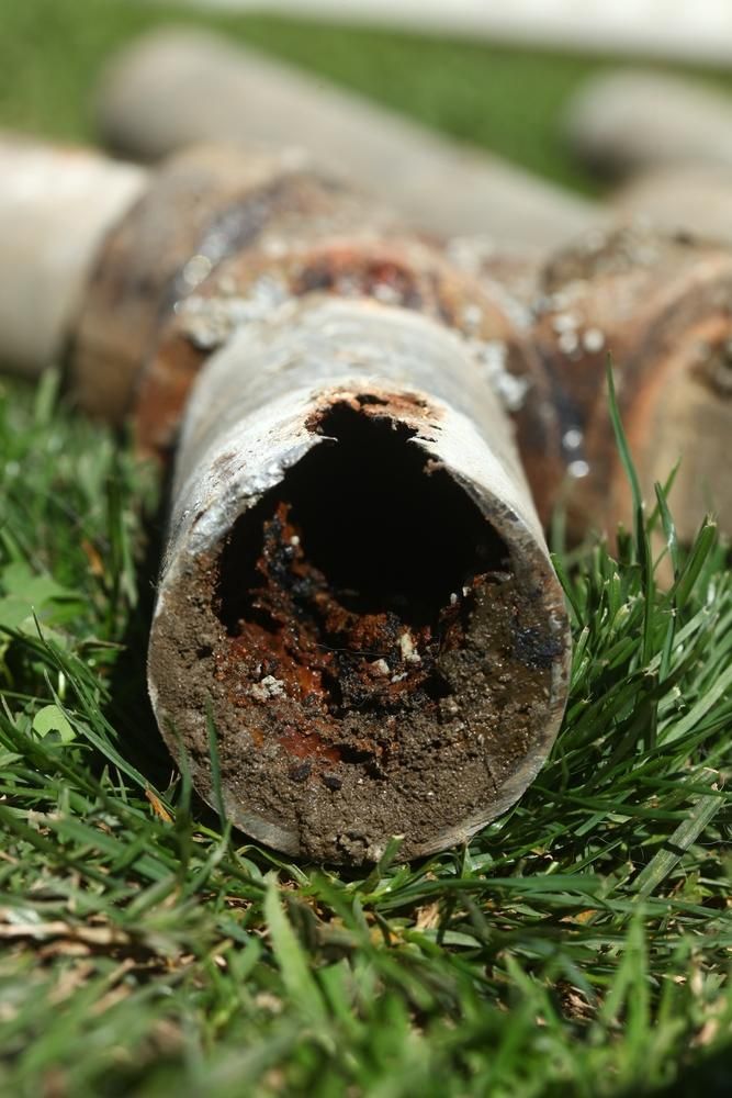 A Close up Of a Rusty Pipe Sitting on Top of A Lush Green Field — Top To Bottom Plumbing in Garbutt, QLD