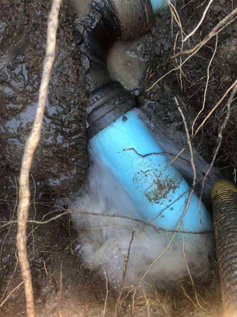 A Blue Pipe Is Laying in The Dirt Next to A Tree — Top To Bottom Plumbing in Garbutt, QLD