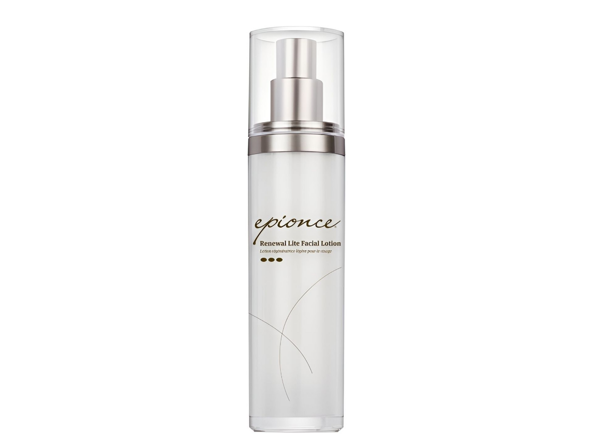 A cylindrical bottle of Epionce facial toner with a clear cap, silver pump, and minimalist white label.