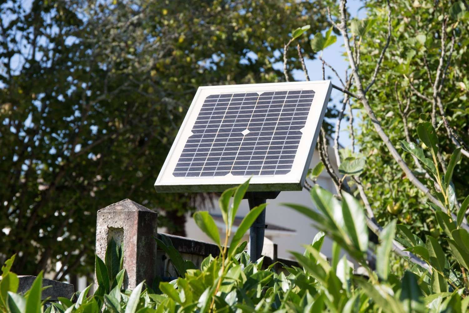 A Small Solar Panel Mounted on A Post in A Garden — Barry Brown Rural Contracting Service in Nabiac, NSW