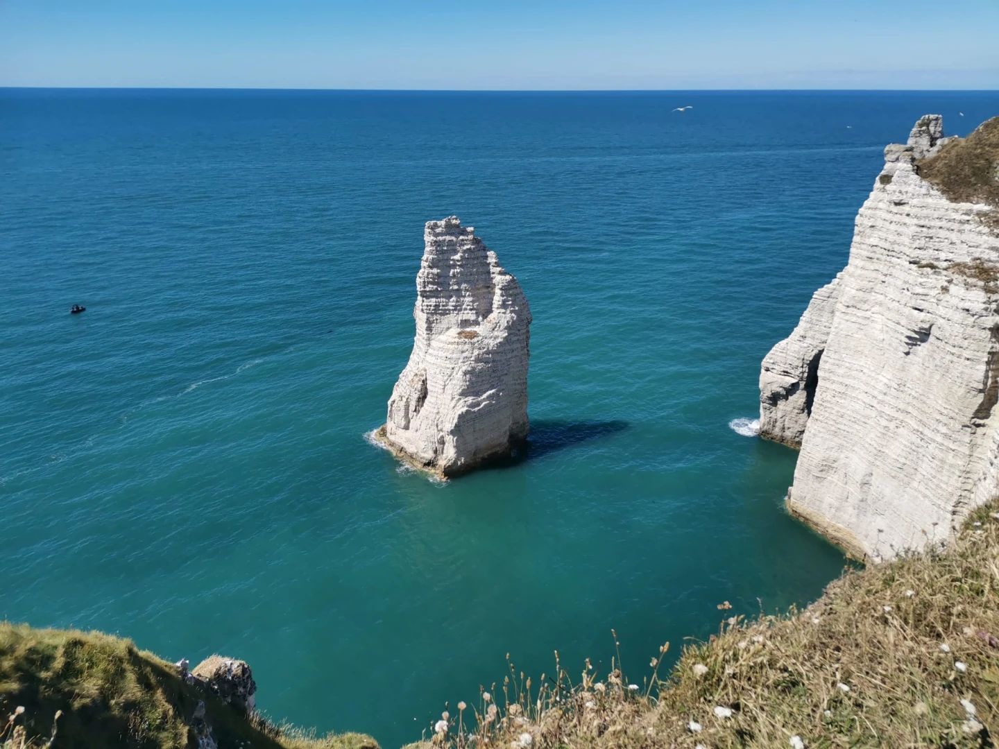 Aiguille creuse d'Etretat visible par le haut de la falaise