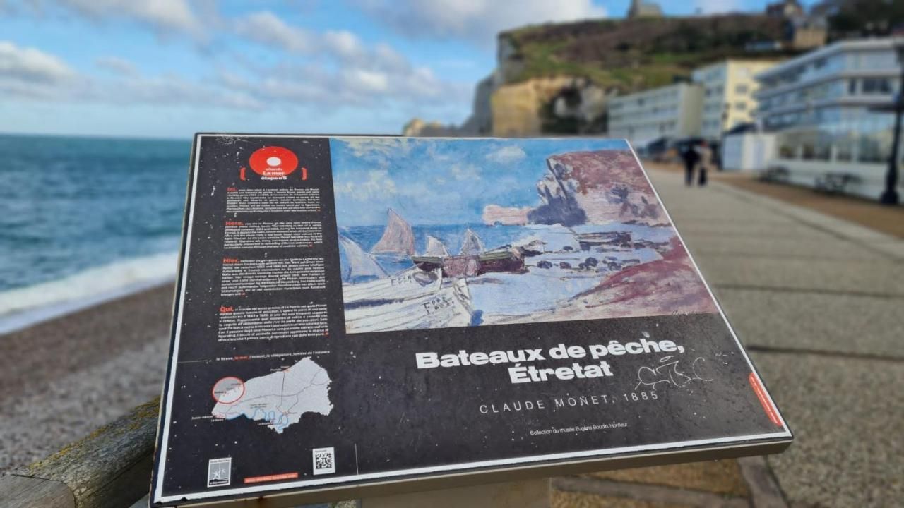 Photo de la plage d'Etretat avec un panneau de tourisme