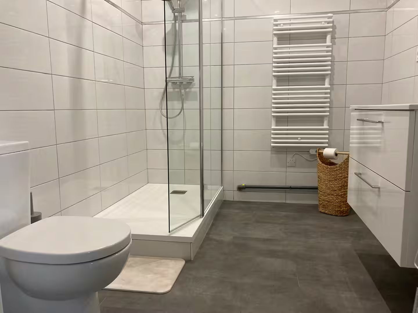 Une salle de bain avec WC, lavabo et douche.