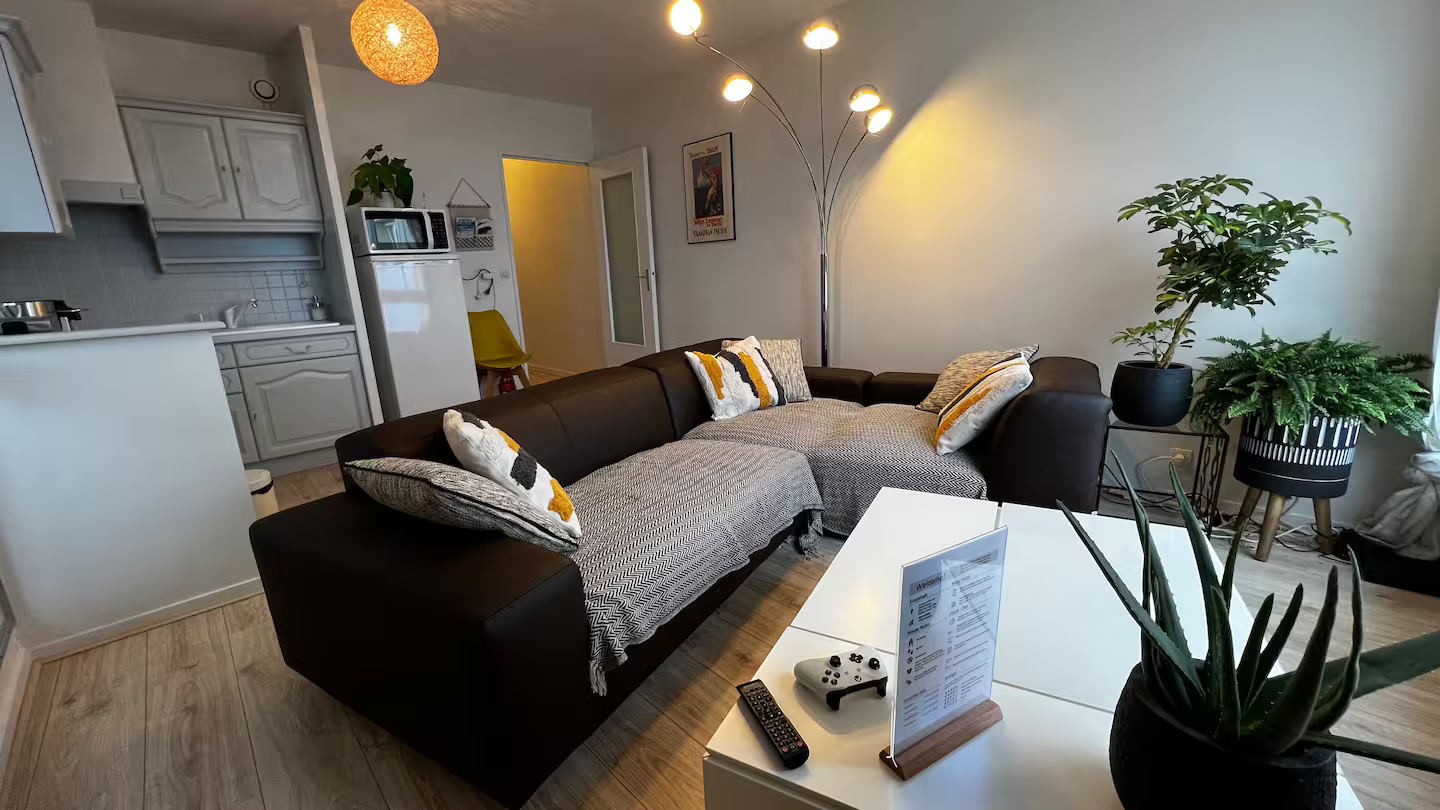 Un salon avec un canapé, une table et une plante.