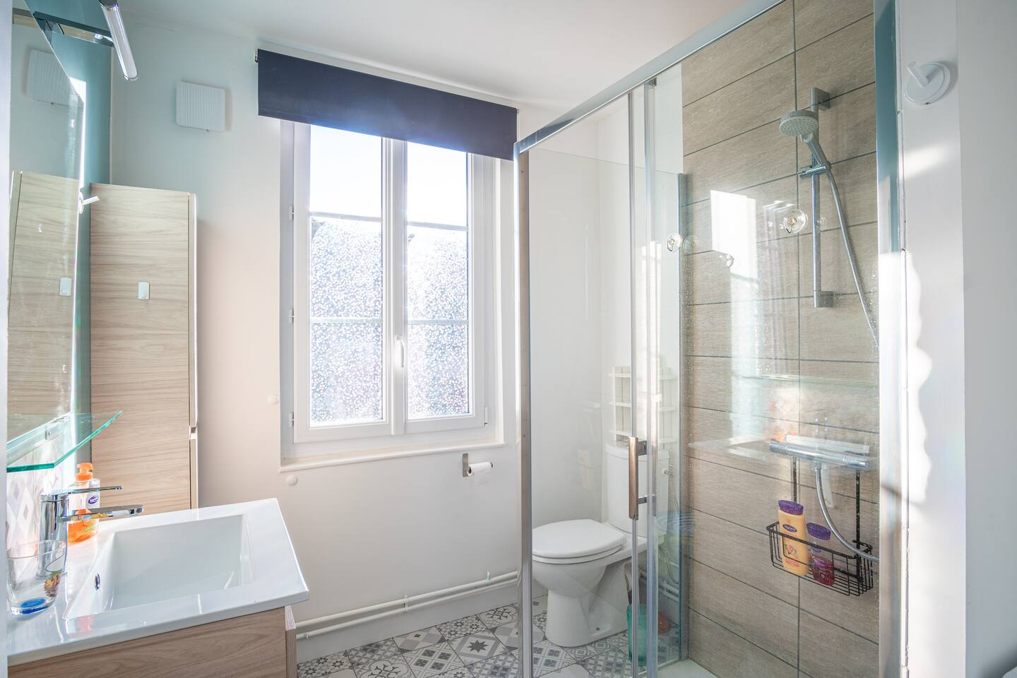 Une salle de bain avec WC, lavabo et douche.