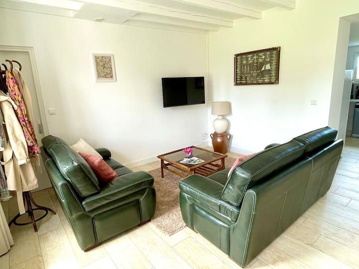 Salon avec deux canapés en cuir vert face à une télévision et une table basse ; murs blancs, parquet clair.