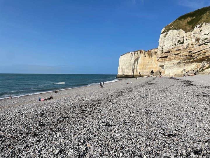 Plage de galets, mer bleue et falaises blanches sous un ciel dégagé. Des gens se détendent sur la plage.