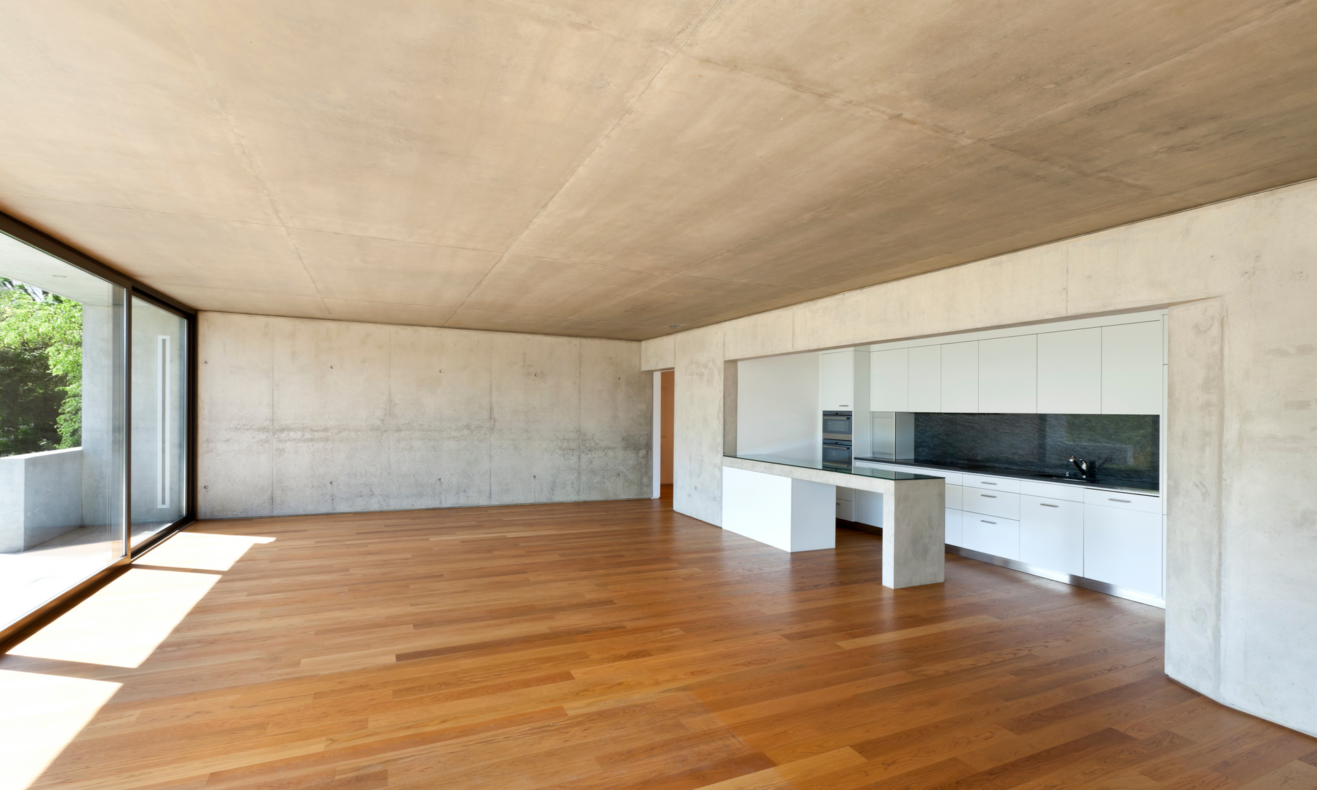 Photo of the interior of a modern-looking house. Inside the house, there is hardwood flooring.