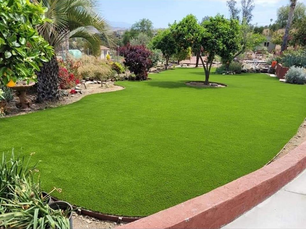 A large, lush green lawn with a tree in the middle of it