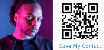 A man is standing next to a qr code that says save my contact.