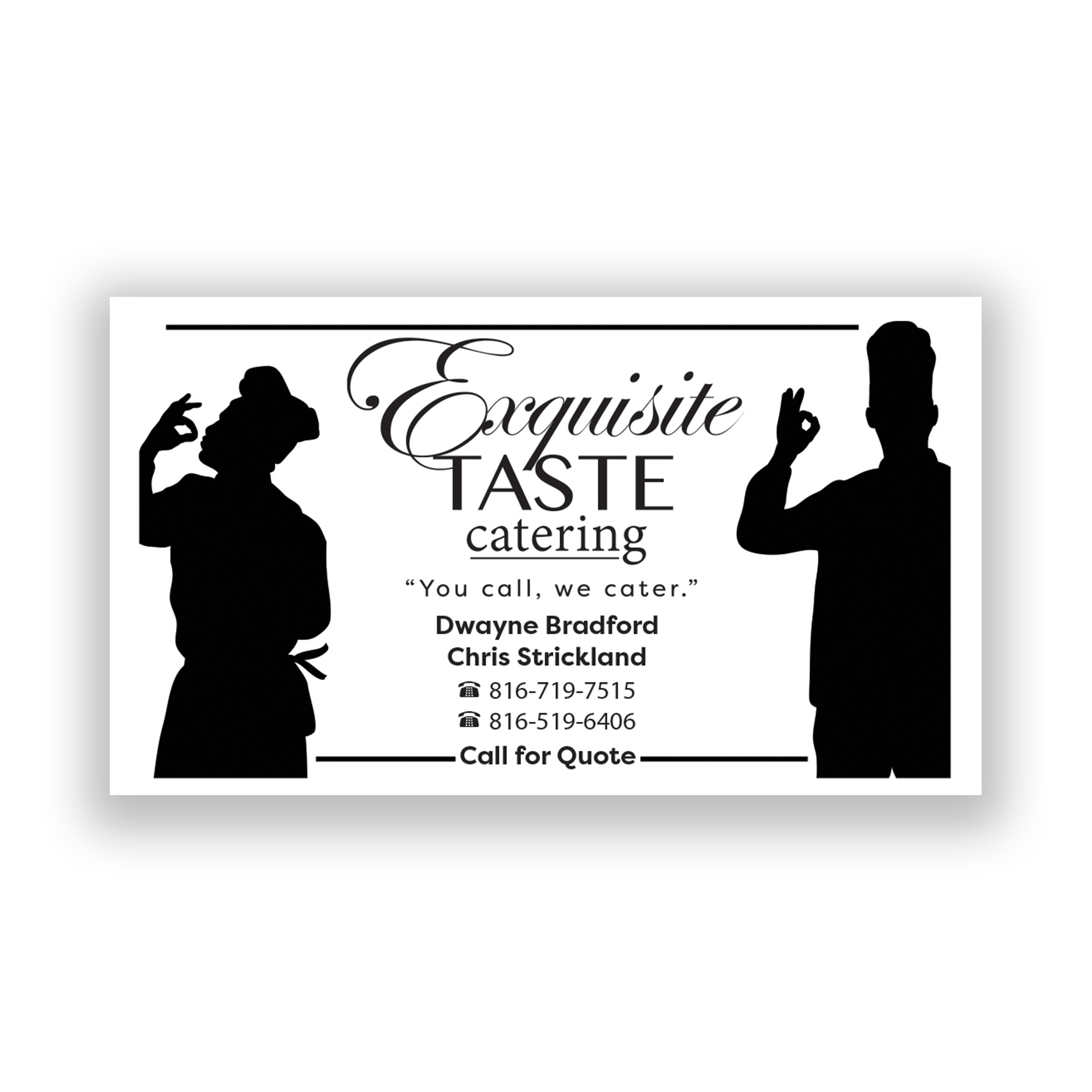 A business card for exquisite taste catering with two chefs on it.