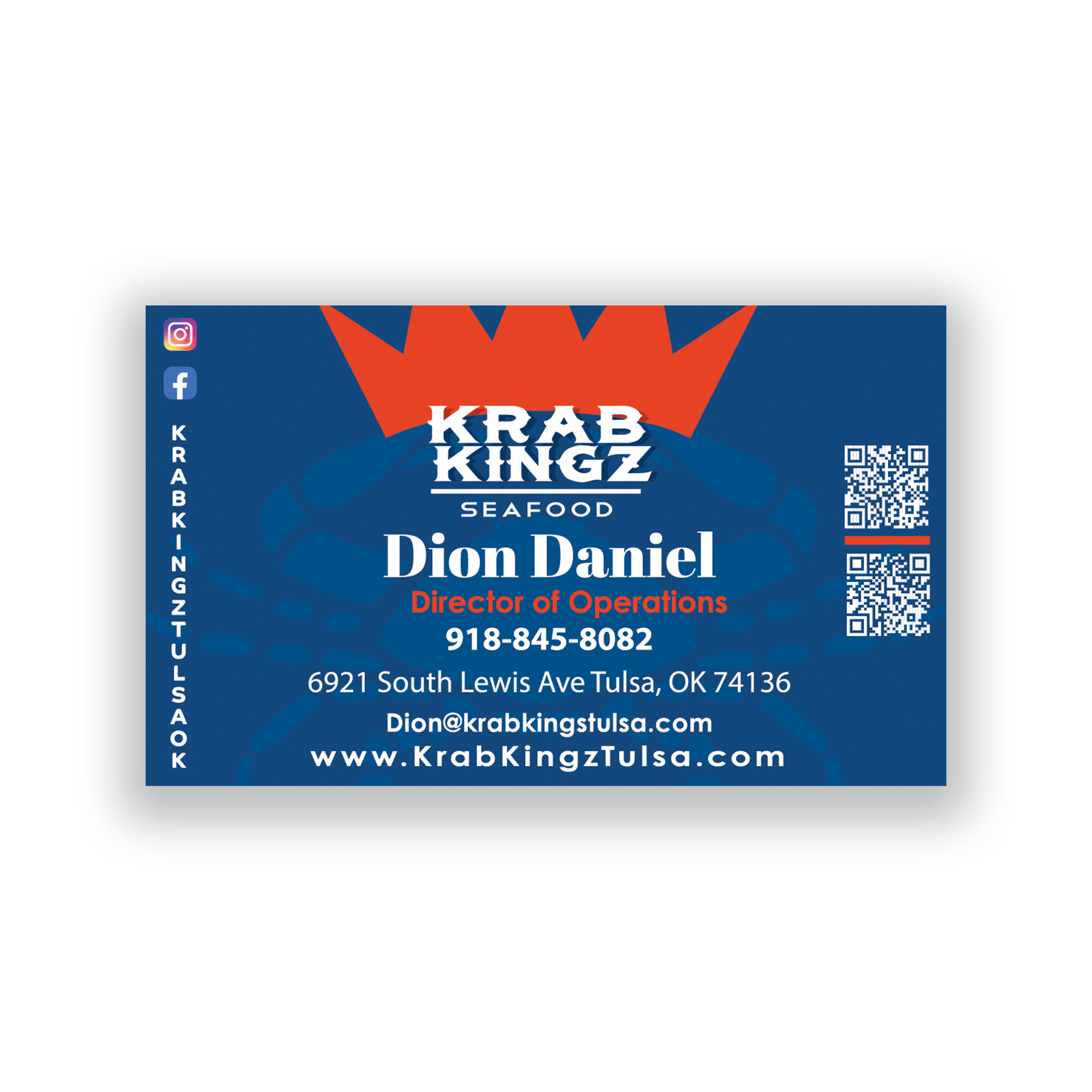 A blue and red business card for krab kingz