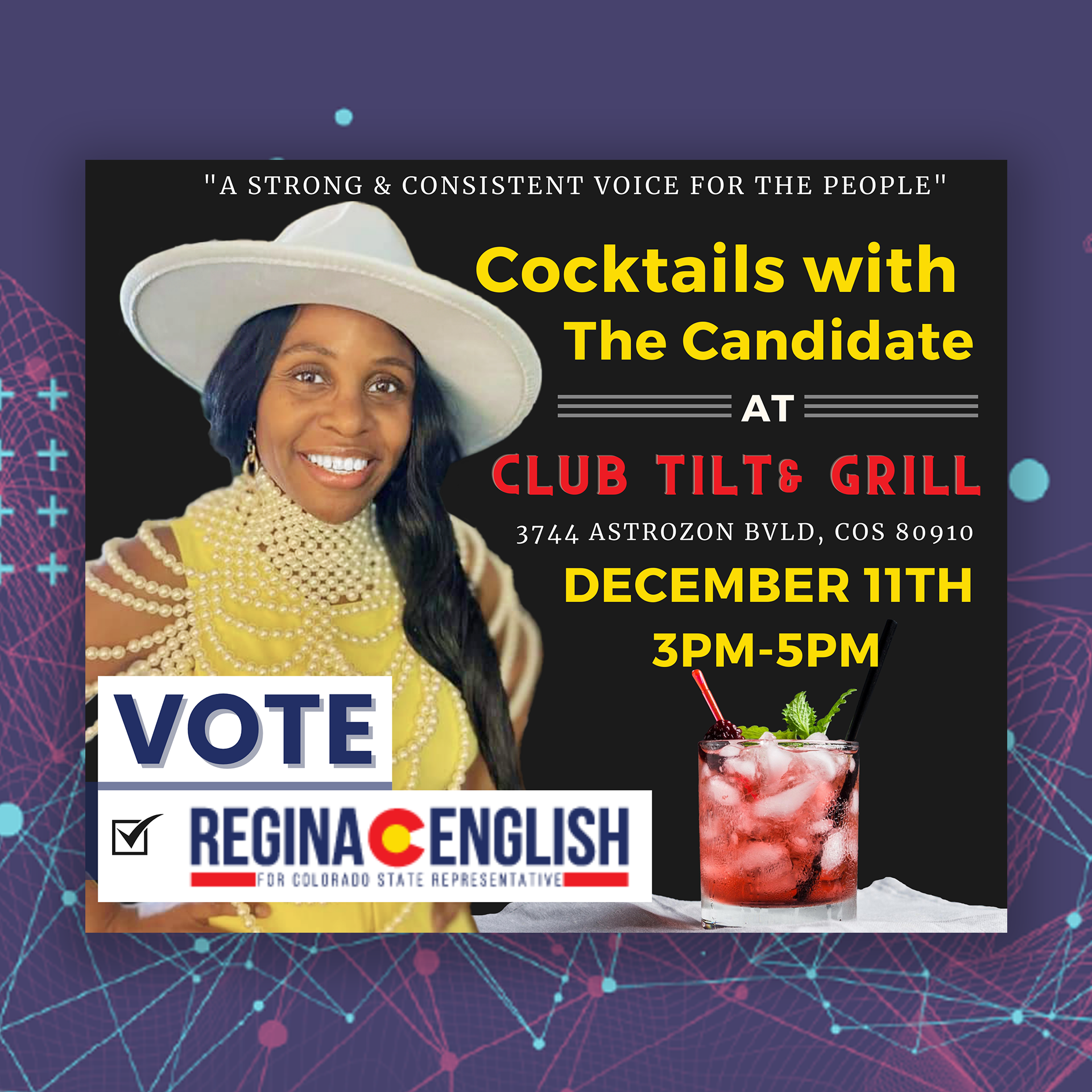 An advertisement for cocktails with the candidate at club tilts grill