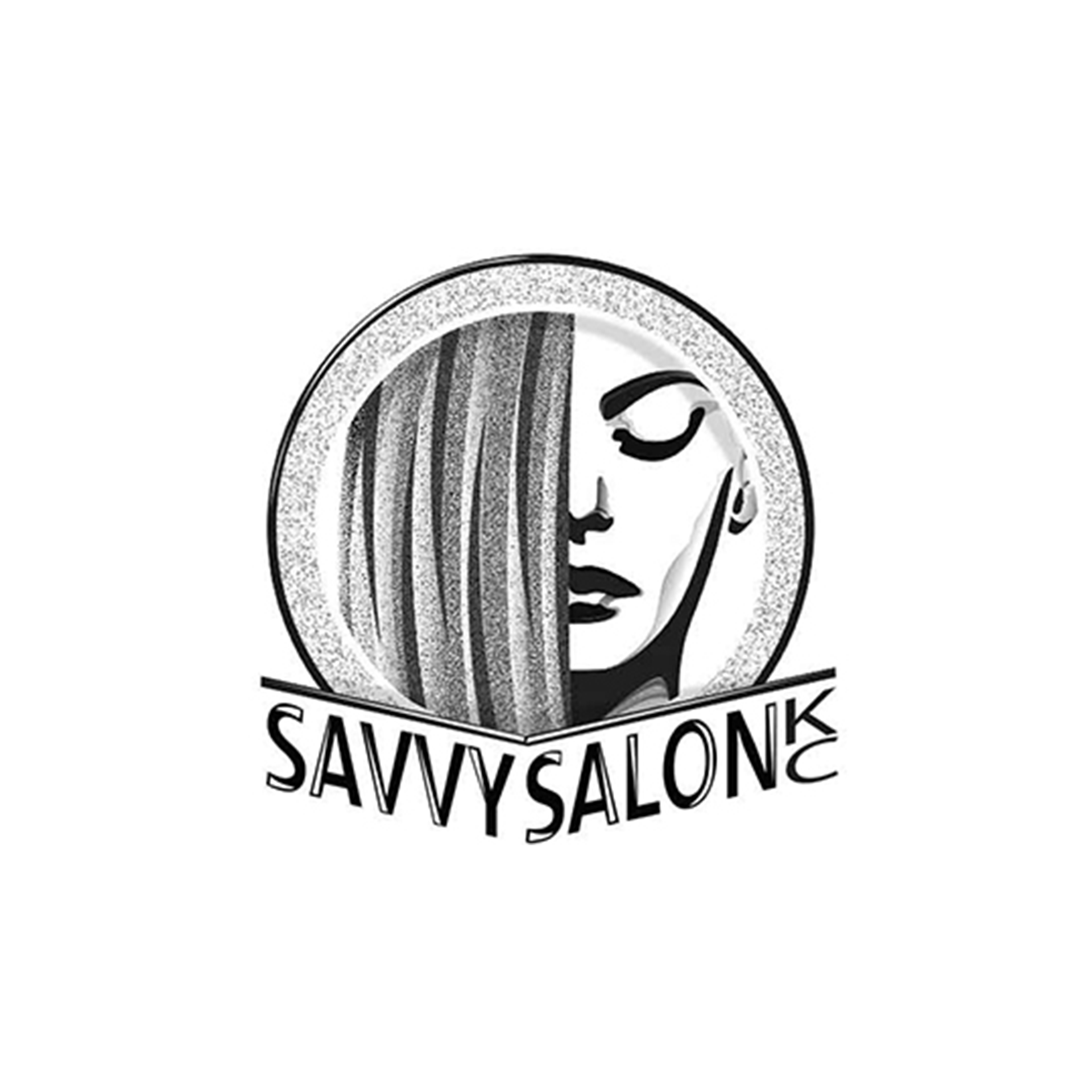 A black and white logo for a hair salon with a woman 's face in a circle.