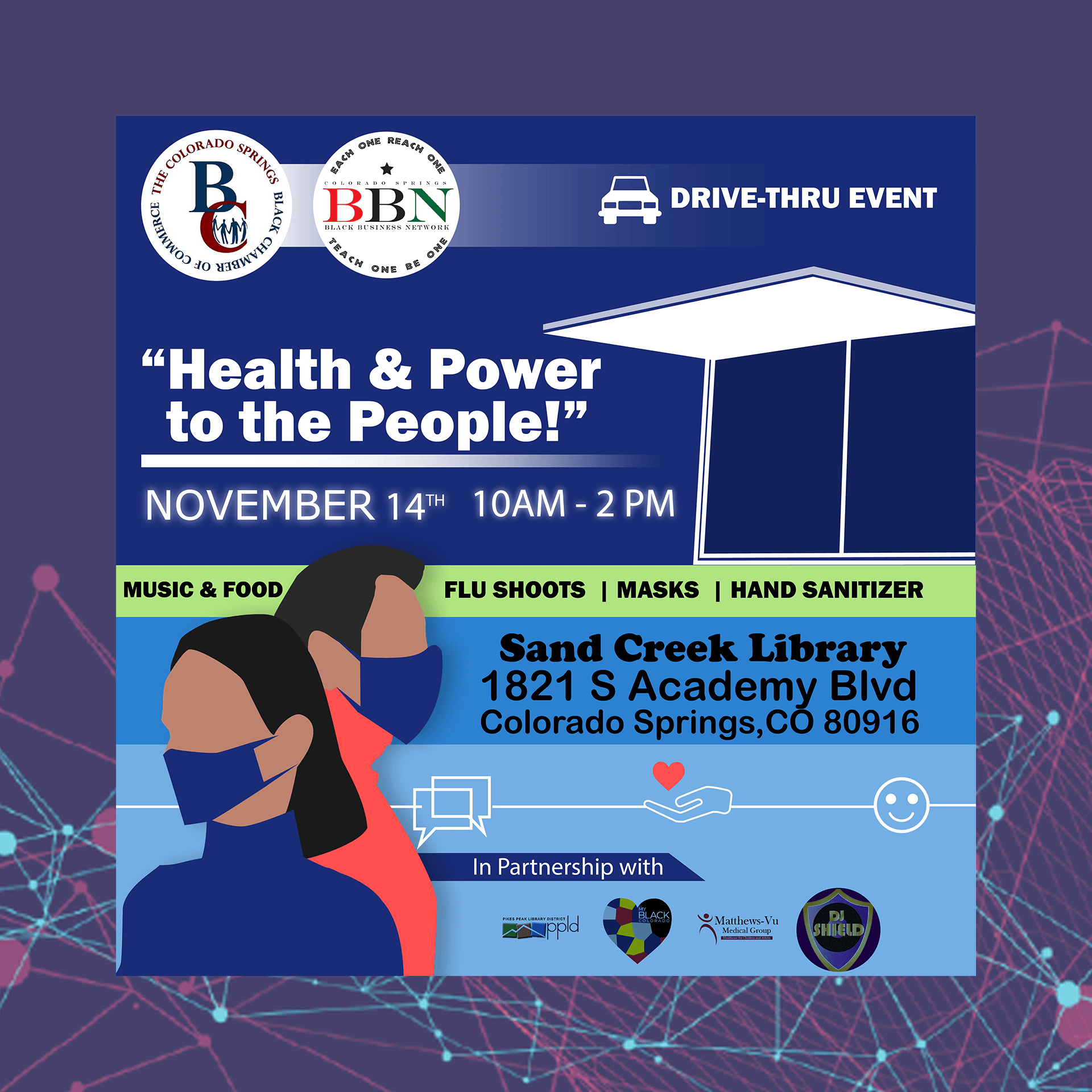 A poster for a drive thru event at the sand creek library