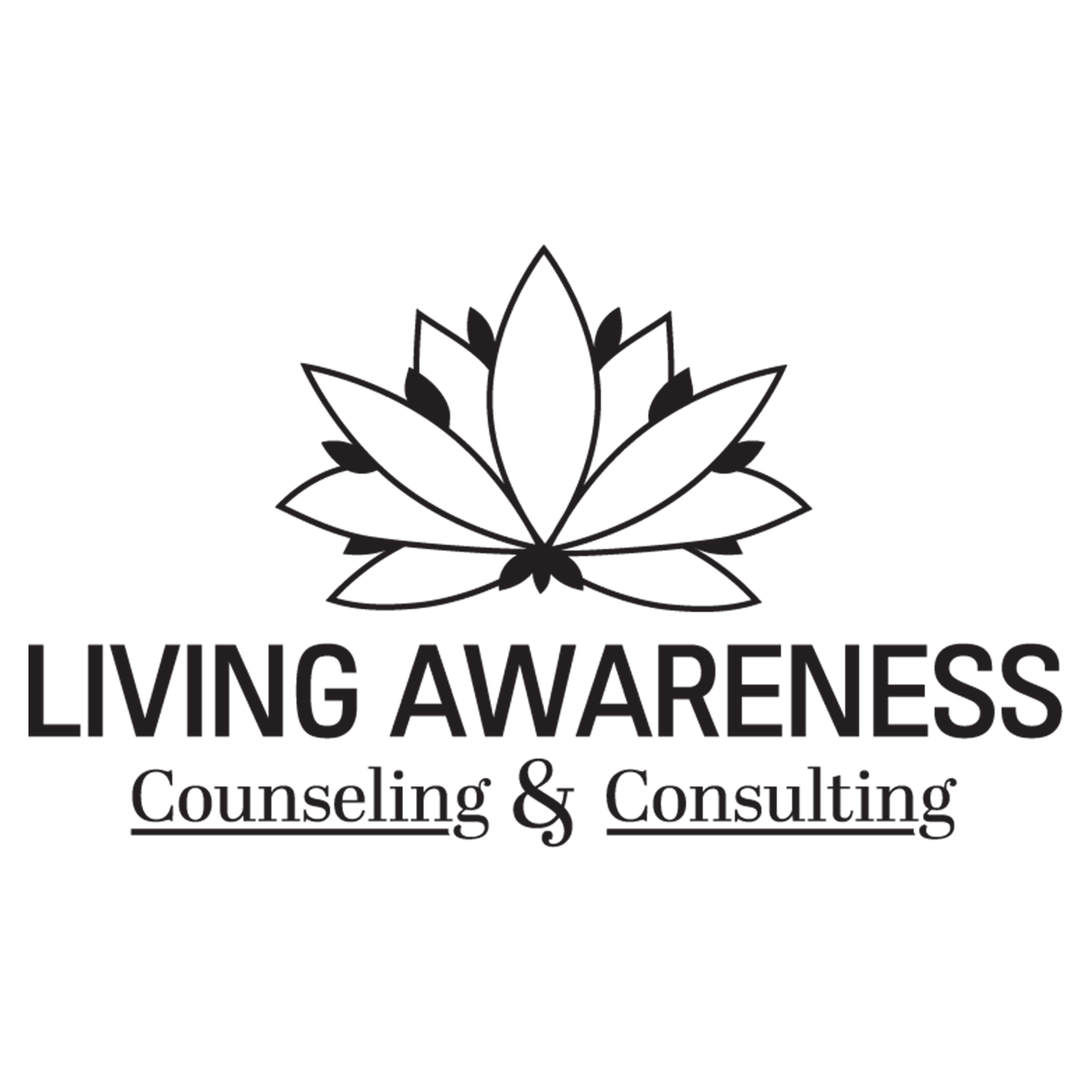 A black and white logo for living awareness counseling and consulting.