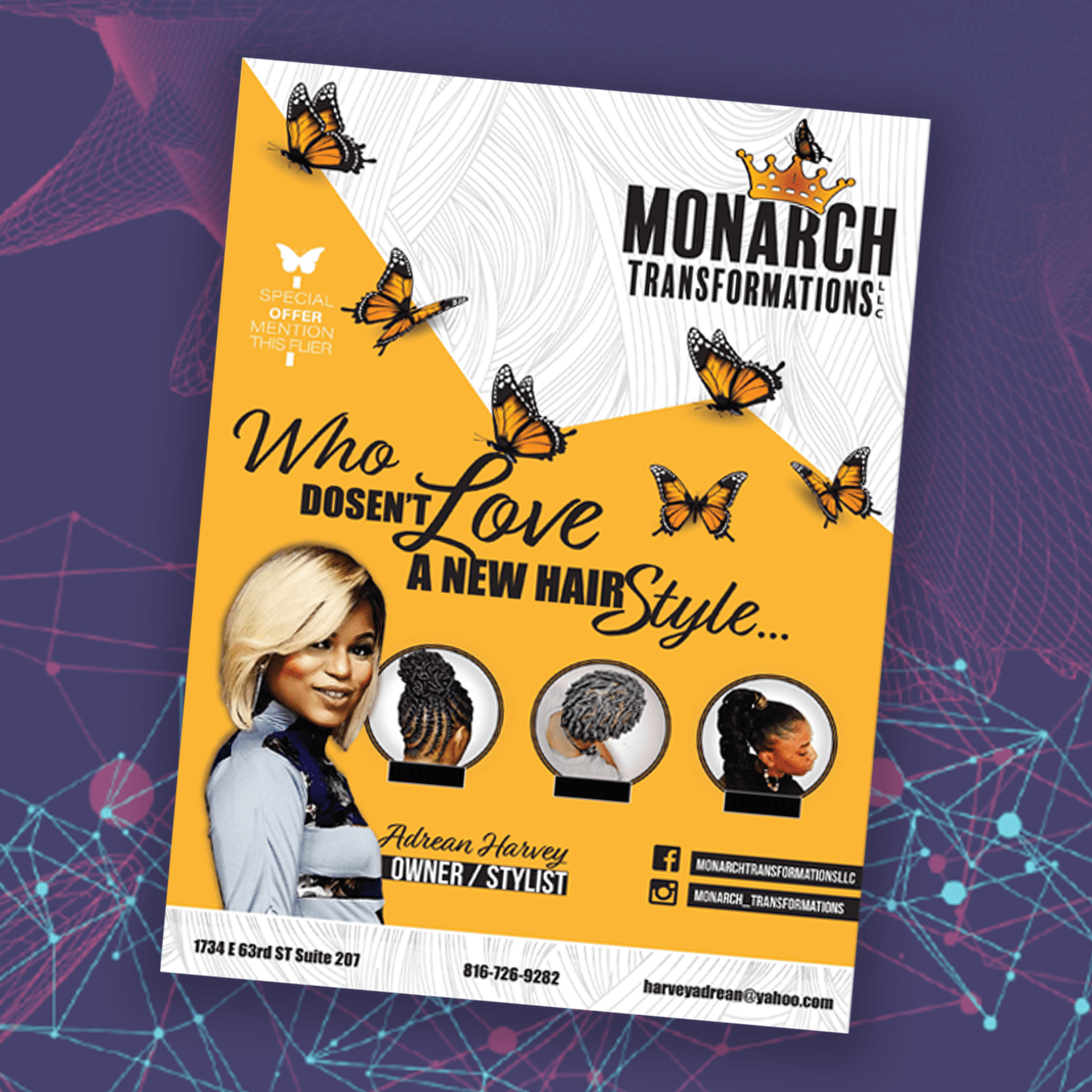 A flyer for monarch transformations that says who doesn 't love a new hairstyle