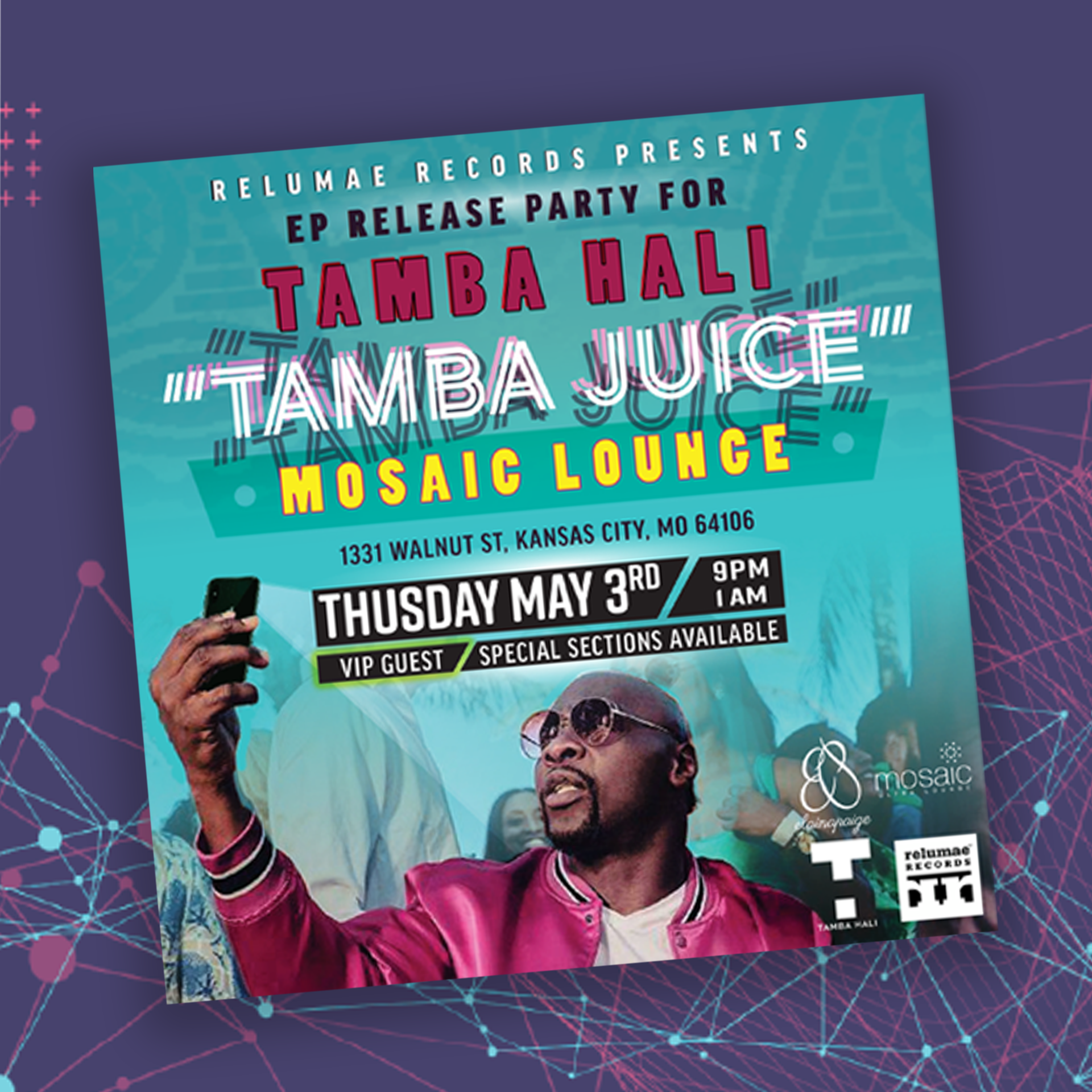 A flyer for a party called tamba juice mosaic lounge