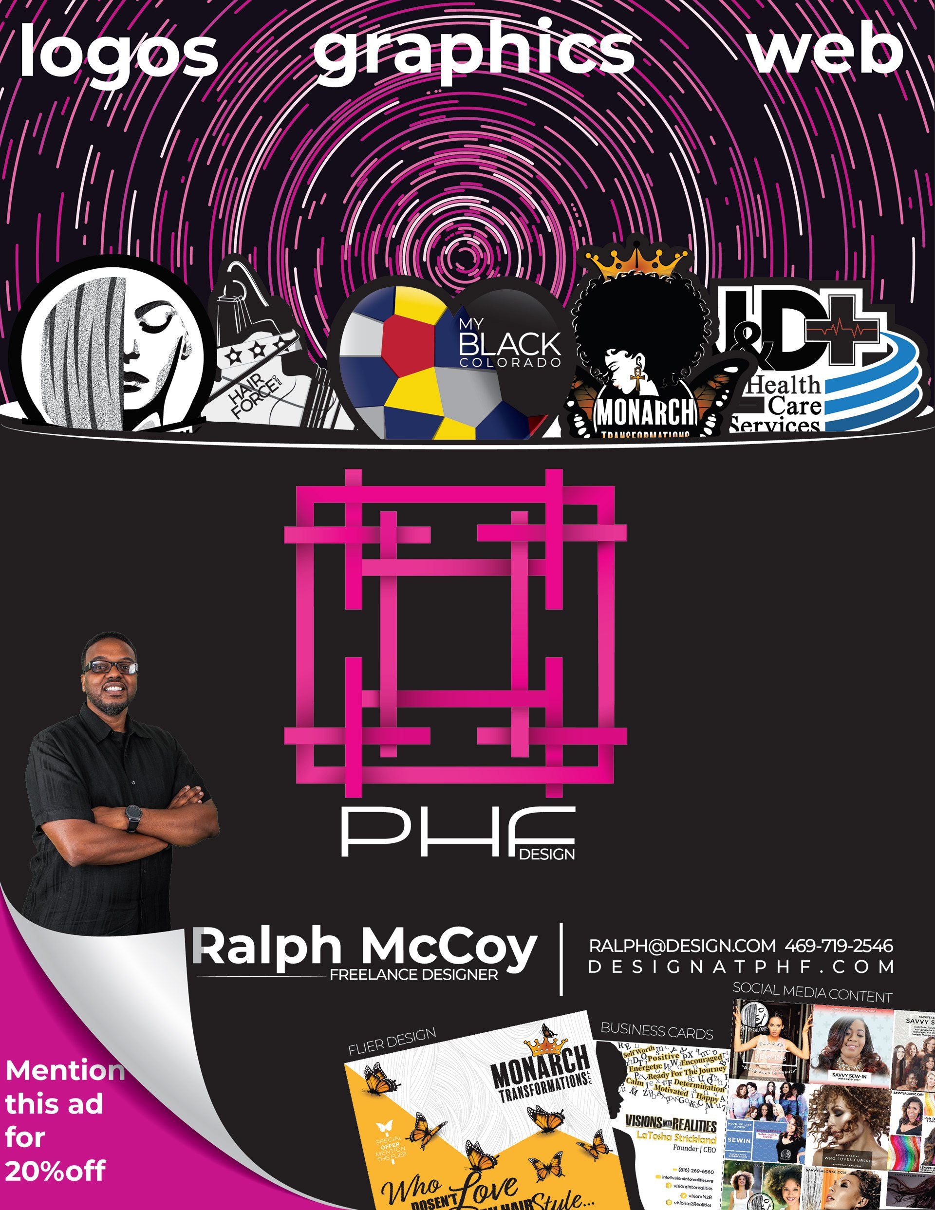 A man is standing in front of a sign that says logos graphics web