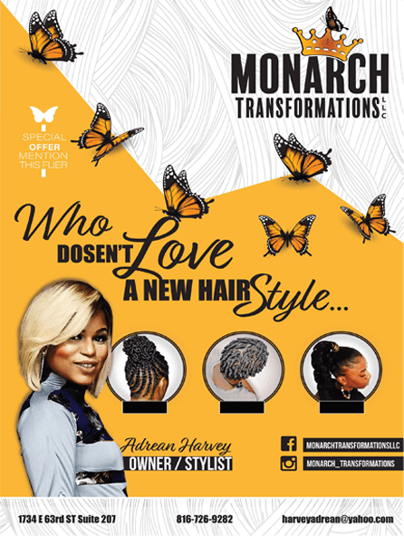 An advertisement for monarch transformations shows a woman and butterflies