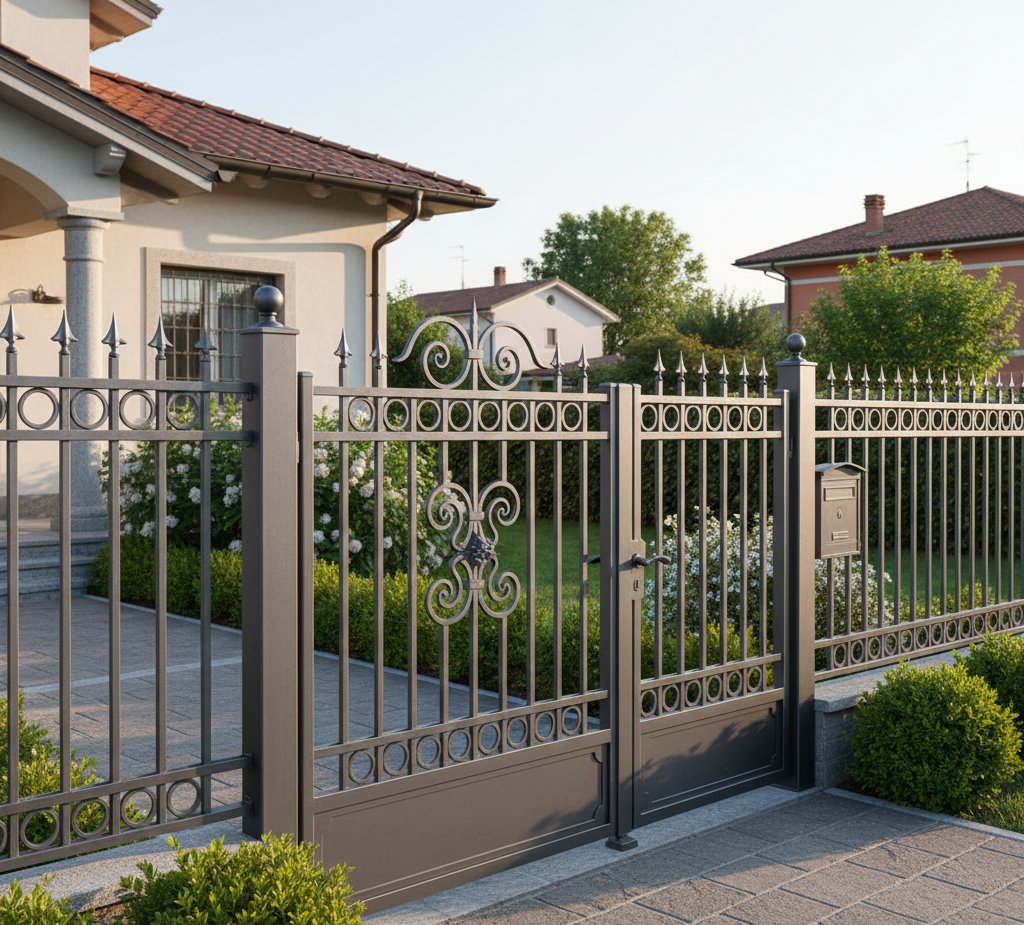 Cancello e recinzione in metallo grigio davanti a una casa, con giardino verde e altre case sullo sfondo.