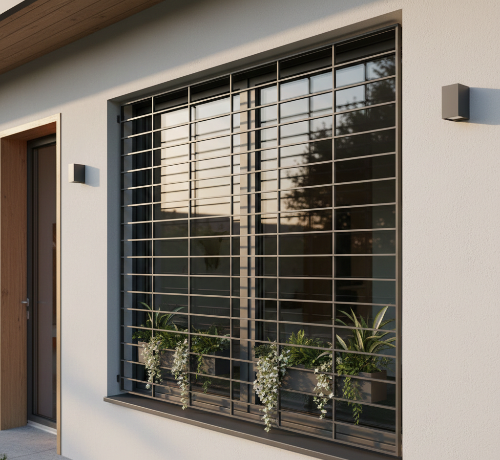 Finestra con inferriate di sicurezza e fioriere.