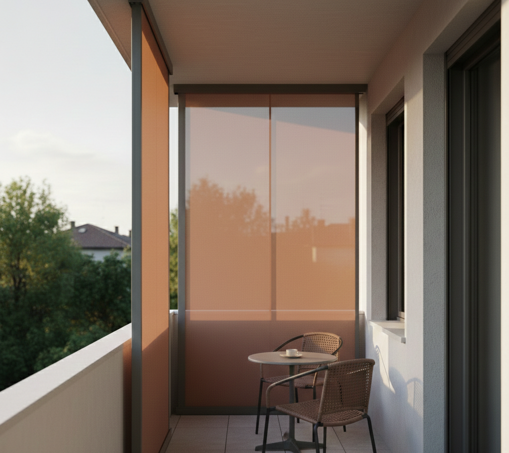 Balcone con tende arancioni, tavolo e sedie. Vista su alberi ed edifici.