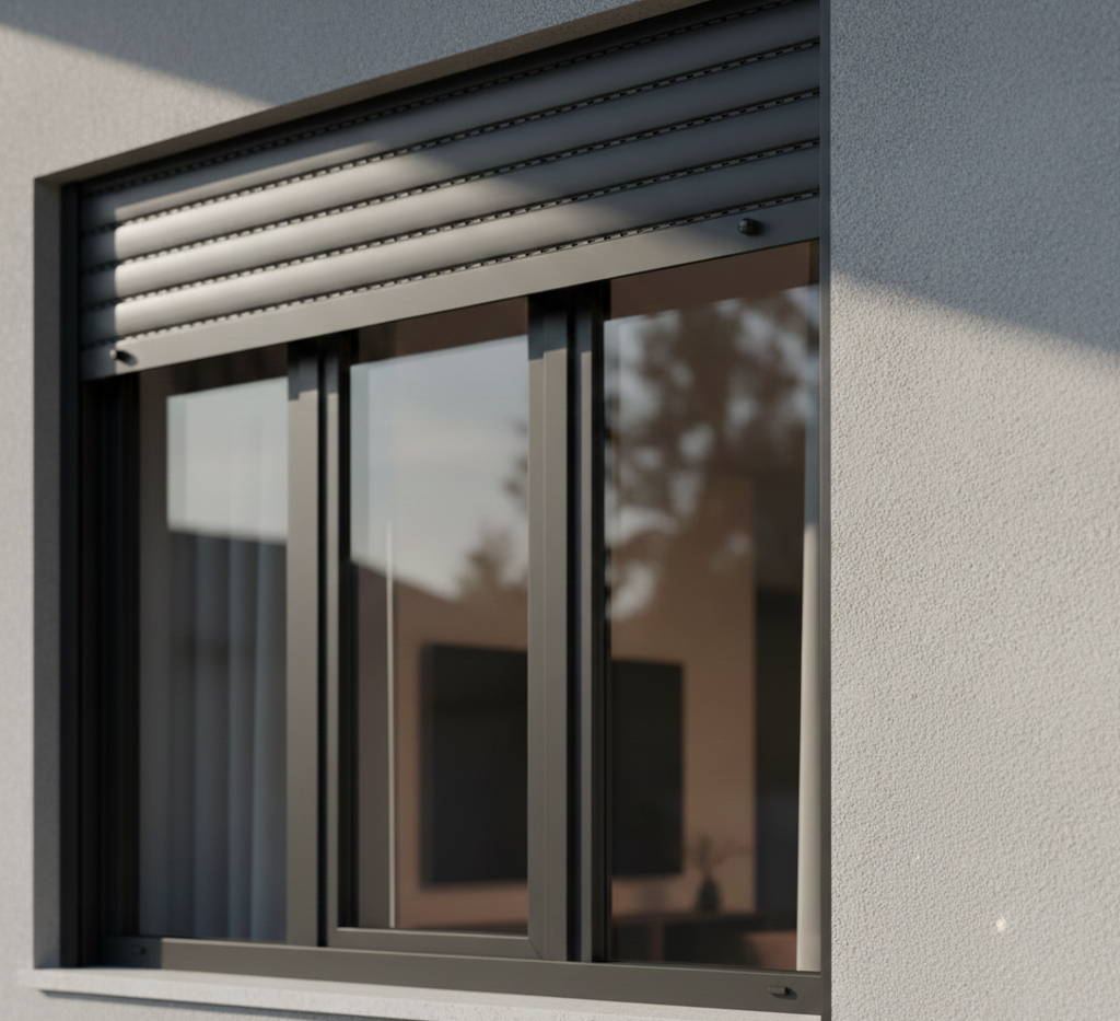Finestra con tapparella grigia chiusa. Il telaio della finestra è grigio scuro contro una parete bianca.