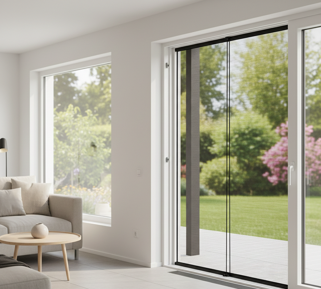 Soggiorno con una grande porta scorrevole in vetro e un paravento a scomparsa. Sono visibili un divano beige e un tavolino.